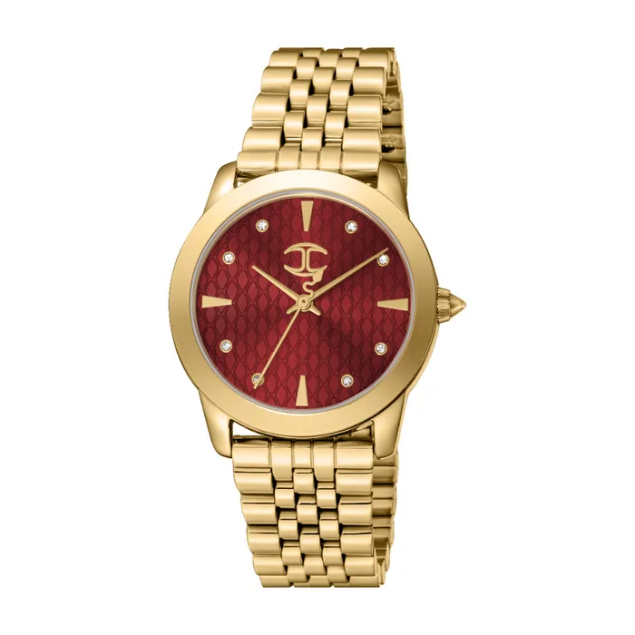 Bracelets Just Cavalli Just Cavalli Womens Gold Watch with Red Dial and Gold Metal Bracelet