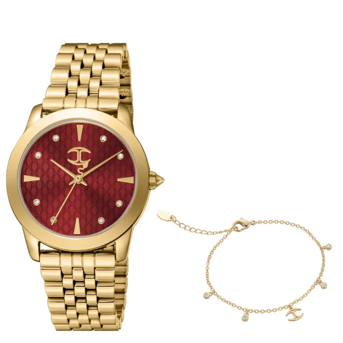 Bracelets Just Cavalli Just Cavalli Womens Gold Watch with Red Dial and Gold Metal Bracelet