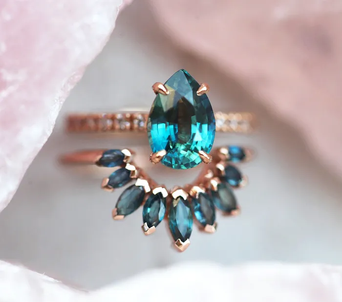Brene Teal Sapphire Diamond Ring Set Capucinne Rings