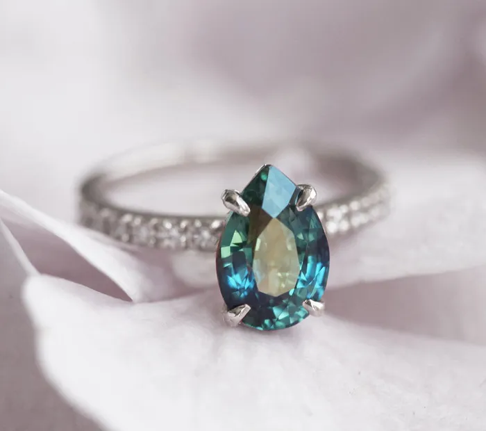 Brene Teal Sapphire Diamond Ring Set Capucinne Rings