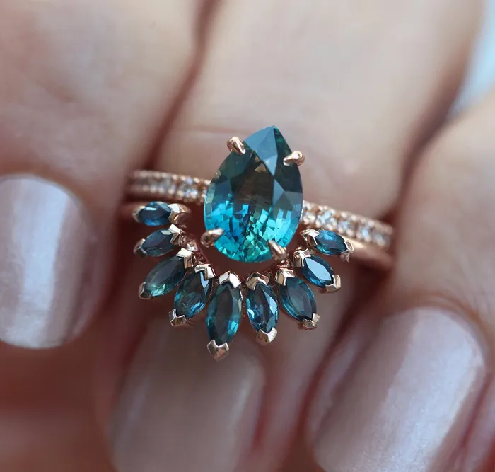 Brene Teal Sapphire Diamond Ring Set Capucinne Rings