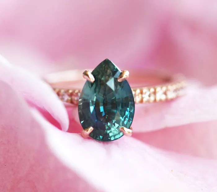 Brene Teal Sapphire Diamond Ring Set Capucinne Rings