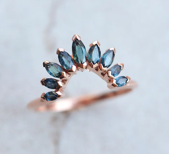 Brene Teal Sapphire Diamond Ring Set Capucinne Rings