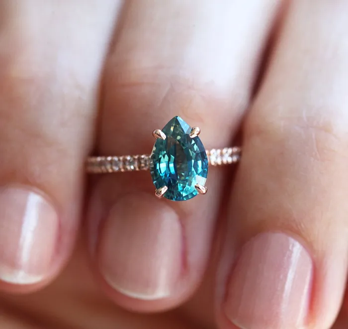 Brene Teal Sapphire Diamond Ring Set Capucinne Rings