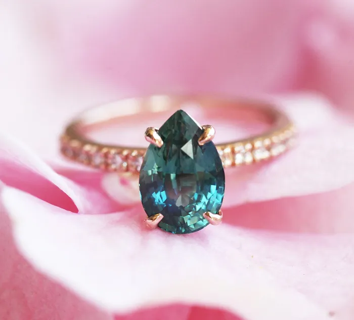 Brene Teal Sapphire Diamond Ring Set Capucinne Rings