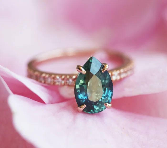 Brene Teal Sapphire Diamond Ring Set Capucinne Rings
