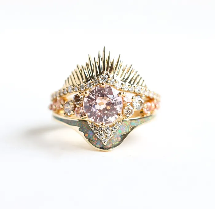 Capucinne Rings Amalia Peach Sunset Ring Set Cluster Sapphire Ring Set With Matching Wedding Bands