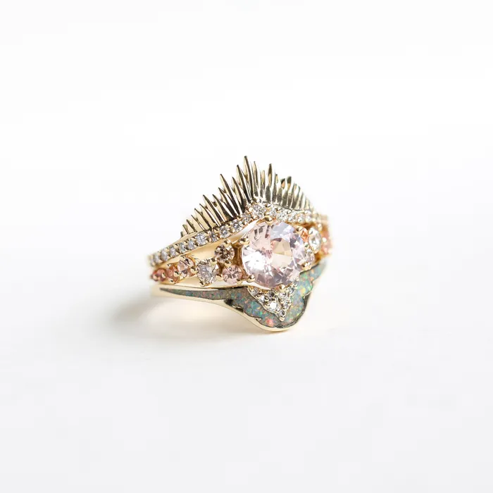 Capucinne Rings Amalia Peach Sunset Ring Set Cluster Sapphire Ring Set With Matching Wedding Bands