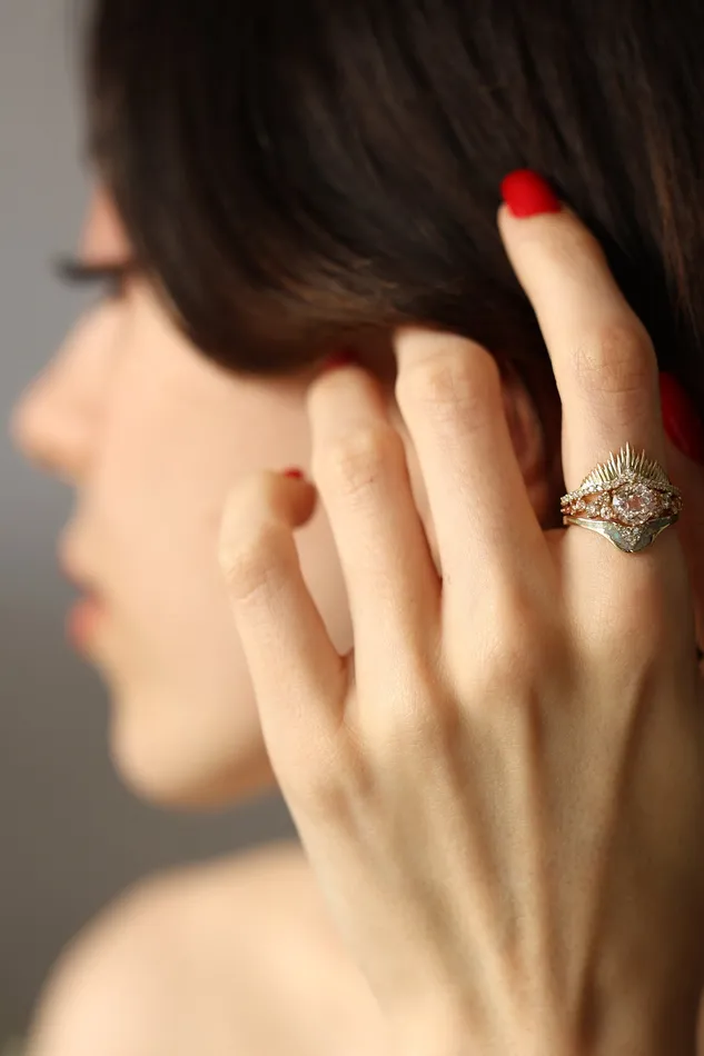 Capucinne Rings Amalia Peach Sunset Ring Set Cluster Sapphire Ring Set With Matching Wedding Bands