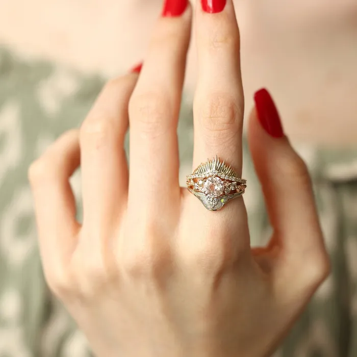 Capucinne Rings Amalia Peach Sunset Ring Set Cluster Sapphire Ring Set With Matching Wedding Bands