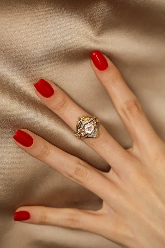 Capucinne Rings Amalia Peach Sunset Ring Set Cluster Sapphire Ring Set With Matching Wedding Bands