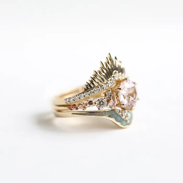 Capucinne Rings Amalia Peach Sunset Ring Set Cluster Sapphire Ring Set With Matching Wedding Bands