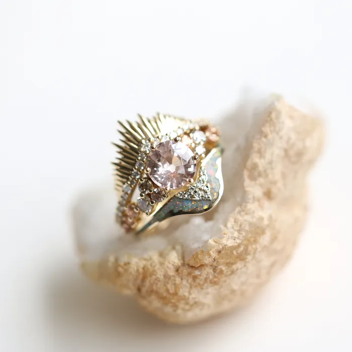 Capucinne Rings Amalia Peach Sunset Ring Set Cluster Sapphire Ring Set With Matching Wedding Bands