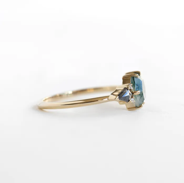 Capucinne Rings Brooklyn Hexagon Moss Agate Ring With Salt Pepper Kite Diamonds
