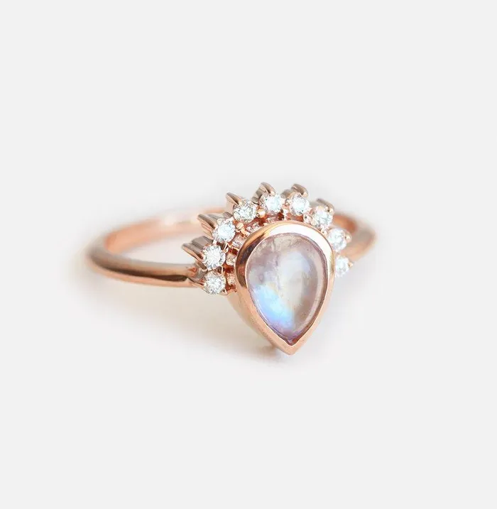 Capucinne Rings Cabochon Moonstone Engagement Ring With Diamond Crown
