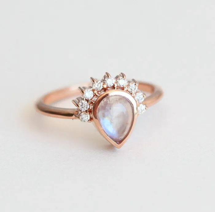 Capucinne Rings Cabochon Moonstone Engagement Ring With Diamond Crown