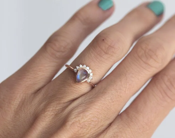 Capucinne Rings Cabochon Moonstone Engagement Ring With Diamond Crown