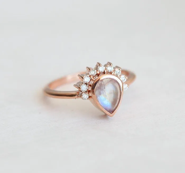 Capucinne Rings Cabochon Moonstone Engagement Ring With Diamond Crown