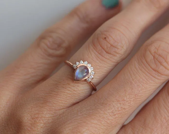 Capucinne Rings Cabochon Moonstone Engagement Ring With Diamond Crown