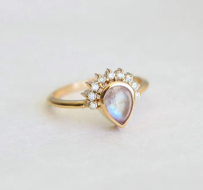 Capucinne Rings Cabochon Moonstone Engagement Ring With Diamond Crown