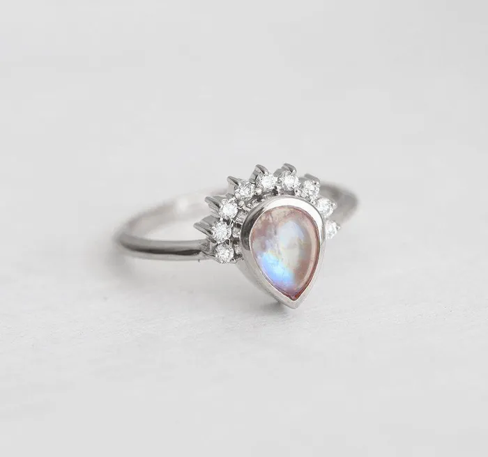 Capucinne Rings Cabochon Moonstone Engagement Ring With Diamond Crown