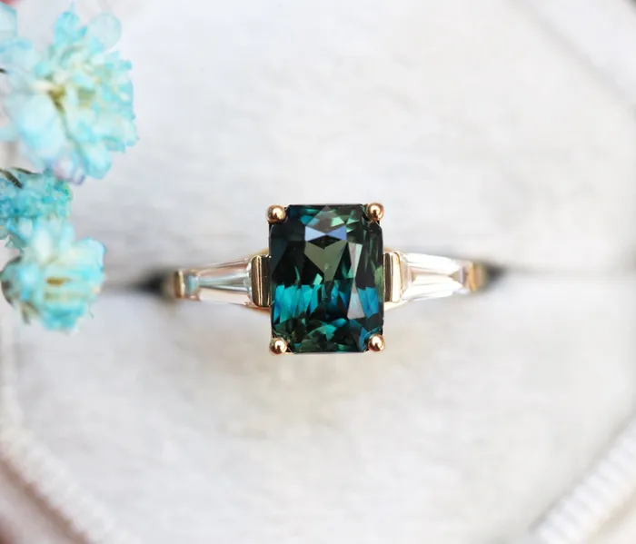 Capucinne Rings Dolores Teal Sapphire Diamond Ring