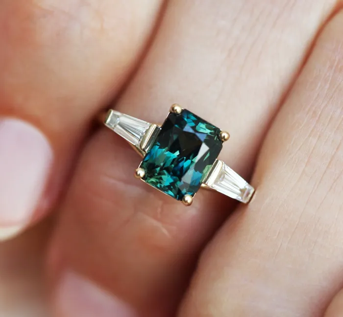 Capucinne Rings Dolores Teal Sapphire Diamond Ring