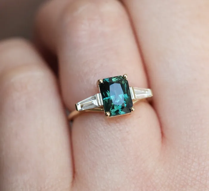 Capucinne Rings Dolores Teal Sapphire Diamond Ring