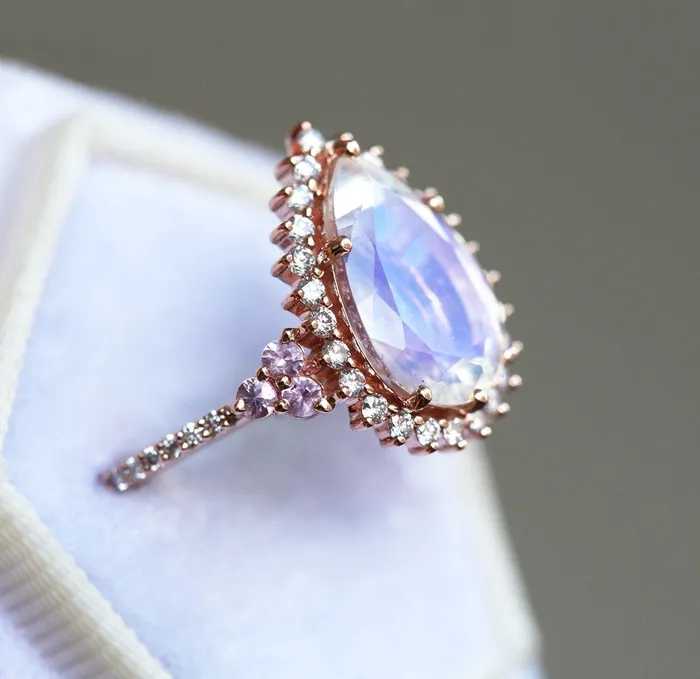 Capucinne Rings Halo Pear Moonstone Ring Rose Gold Moonstone Engagement