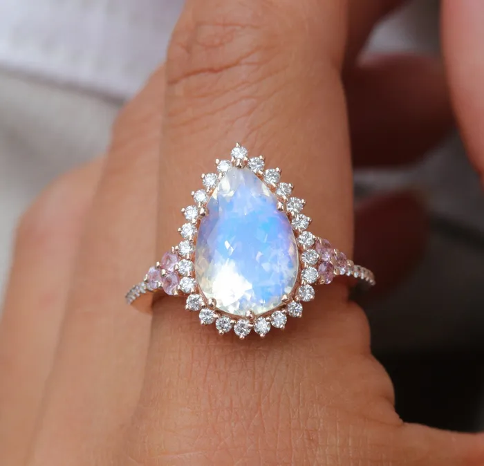 Capucinne Rings Halo Pear Moonstone Ring Rose Gold Moonstone Engagement