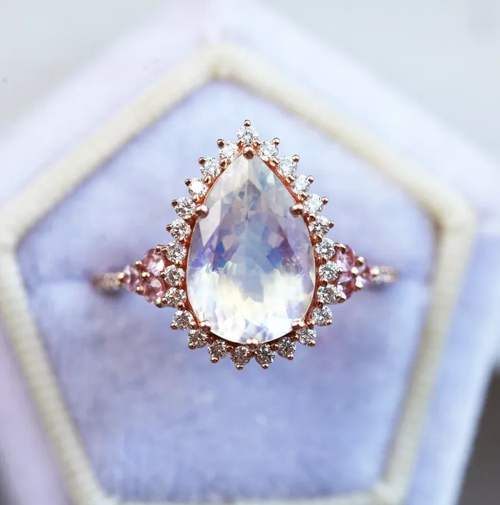 Capucinne Rings Halo Pear Moonstone Ring Rose Gold Moonstone Engagement