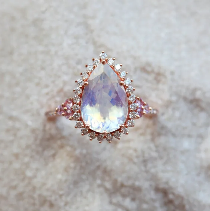 Capucinne Rings Halo Pear Moonstone Ring Rose Gold Moonstone Engagement