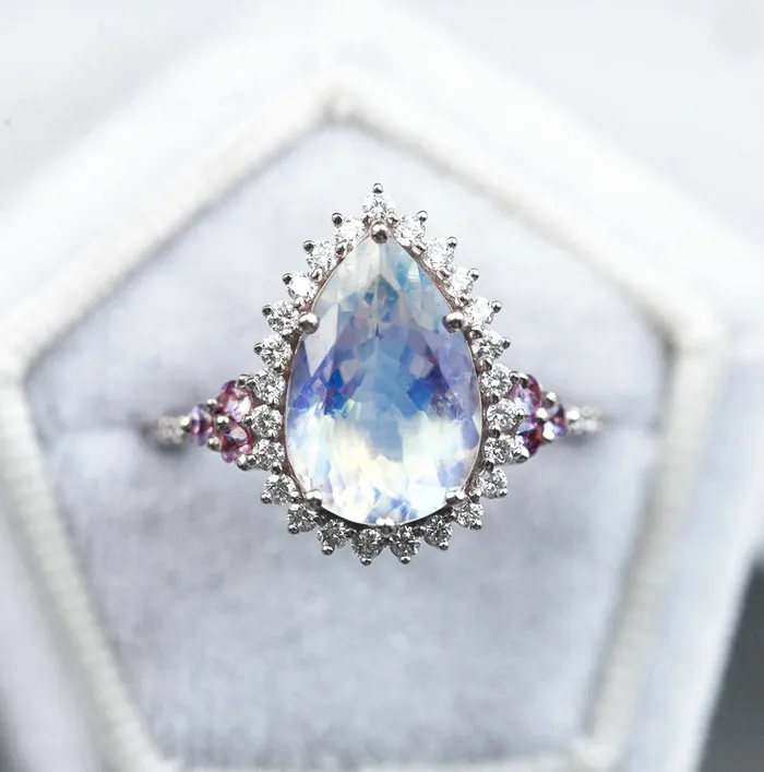Capucinne Rings Halo Pear Moonstone Ring Rose Gold Moonstone Engagement