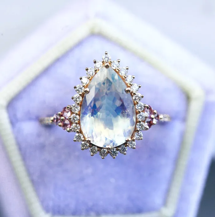 Capucinne Rings Halo Pear Moonstone Ring Rose Gold Moonstone Engagement
