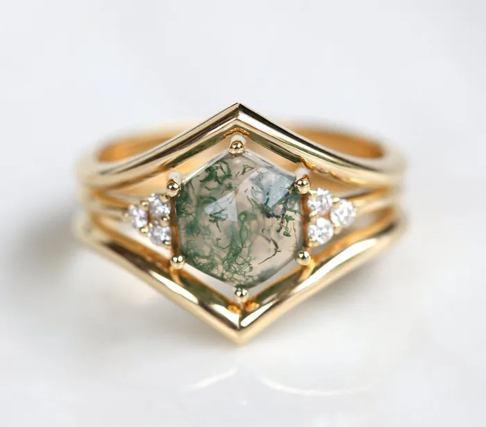 Capucinne Rings Klara Moss Agate Ring Set With Diamonds