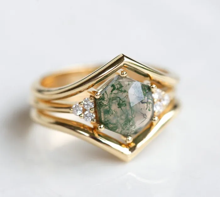 Capucinne Rings Klara Moss Agate Ring Set With Diamonds
