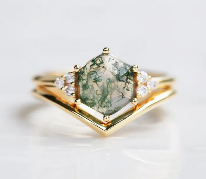 Capucinne Rings Klara Moss Agate Ring Set With Diamonds
