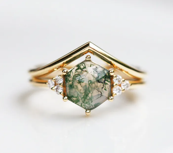 Capucinne Rings Klara Moss Agate Ring Set With Diamonds