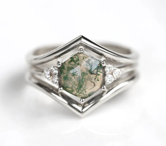 Capucinne Rings Klara Moss Agate Ring Set With Diamonds