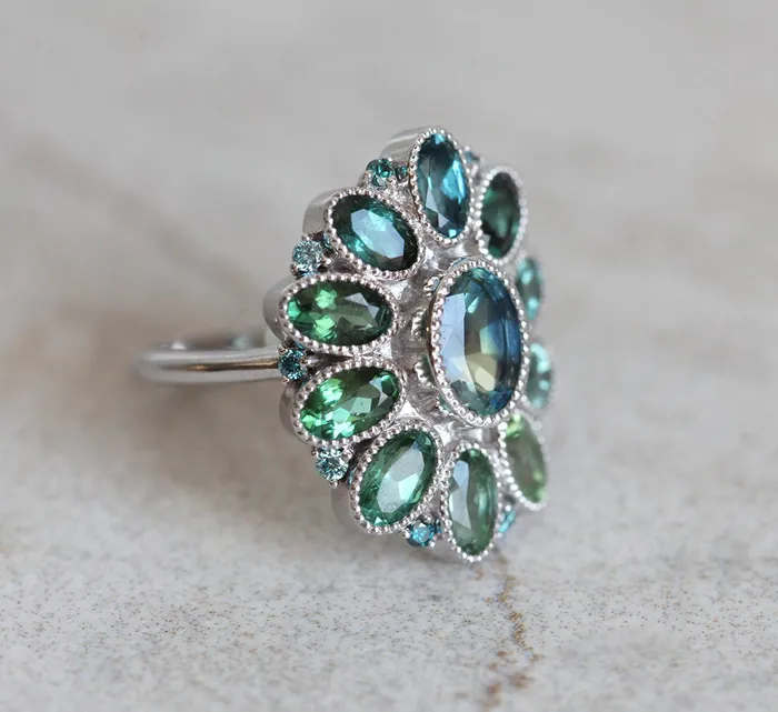 Capucinne Rings Lana Teal Sapphire Tourmaline Diamond Ring Ready to Ship