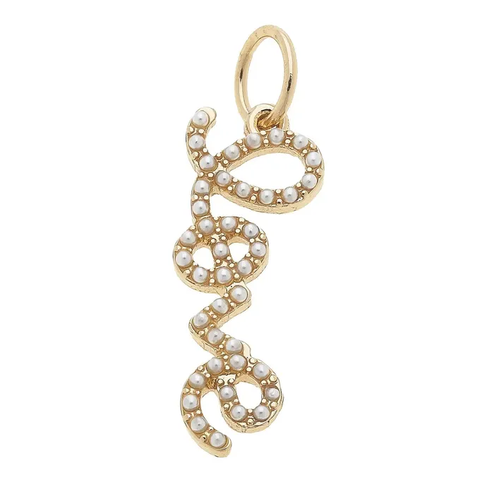 Charm Necklaces Love Pearl Studded Script Charm in Ivory Canvas