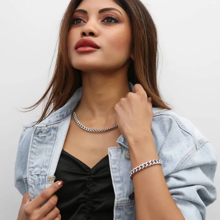 Curb Chain Bracelet and Necklace in SilverTone 2 Piece BERRICLE Necklaces