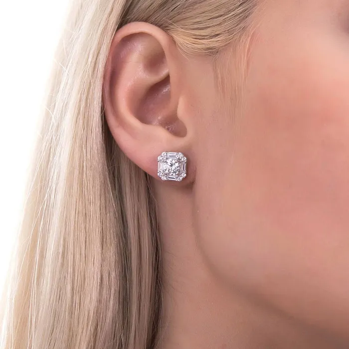 Earrings BERRICLE Halo Vintage Inspired Art Deco CZ Set in Sterling Silver