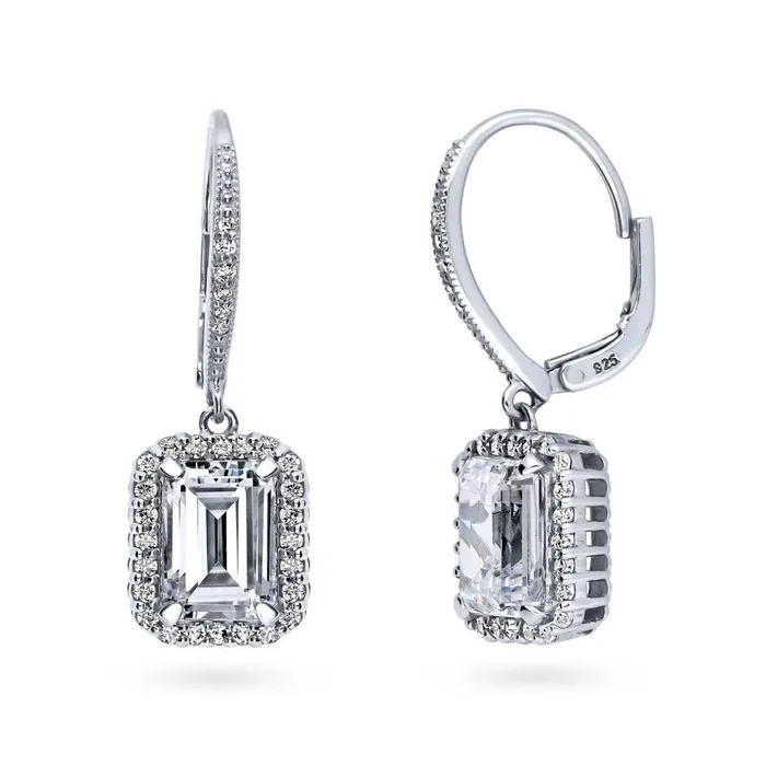 Earrings Halo Emerald Cut CZ Leverback Earrings in Sterling Silver BERRICLE