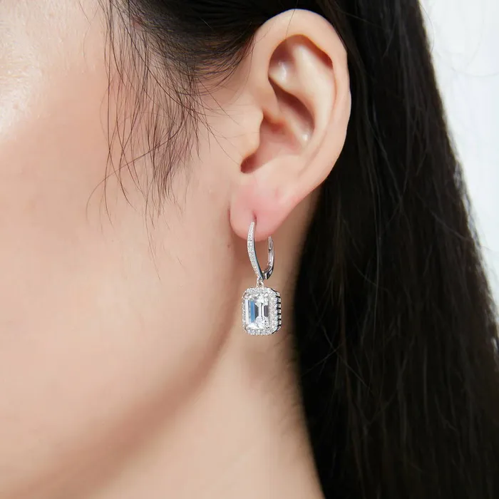 Earrings Halo Emerald Cut CZ Leverback Earrings in Sterling Silver BERRICLE
