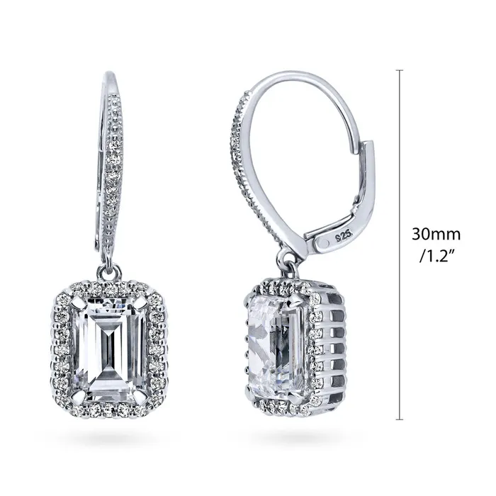 Earrings Halo Emerald Cut CZ Leverback Earrings in Sterling Silver BERRICLE