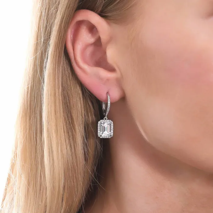 Earrings Halo Emerald Cut CZ Leverback Earrings in Sterling Silver BERRICLE