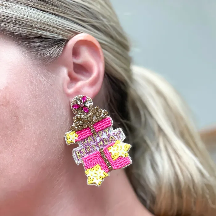 Earrings Happy Birthday Present Surprise Beaded Dangle Earrings Prep Obsessed WT