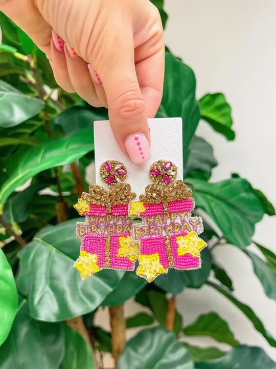 Earrings Happy Birthday Present Surprise Beaded Dangle Earrings Prep Obsessed WT