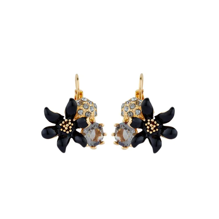 Earrings Les Nereides Black Lily and Sphere Paved With Crystal Sleeper Earrings Les Nereides